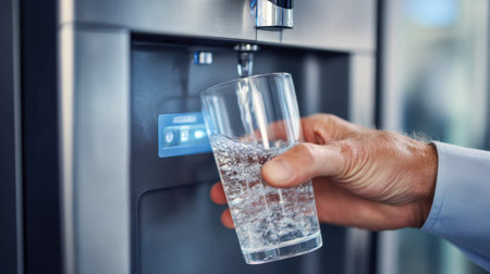 A man pours crisp, bubbly water into a glass from a contemporary, streamlined dispenser, amidst a luminous kitchen filled with natural light and modern decor.の写真素材