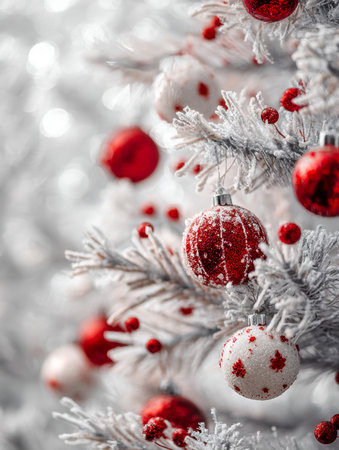 Vibrant holiday baubles shimmer amidst frost-covered pine branches, evoking warmth and cheer for festive reunions and wintertime celebrations.の写真素材