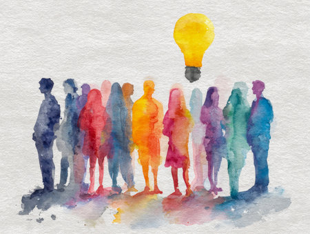 A vibrant watercolor scene portraying a multicultural team united around a glowing yellow bulb, embodying collective ingenuity and fresh ideas in collaboration.の写真素材