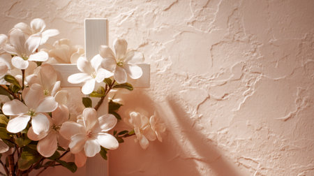 A serene scene featuring a simple white wooden cross decorated with gentle pastel blooms, creating a calming shadow against a textured beige backdrop.の写真素材