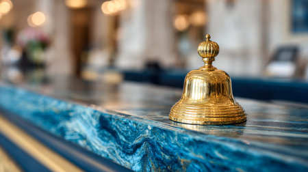 A gleaming gold bell rests atop a rich blue marble counter, set against a softly illuminated...