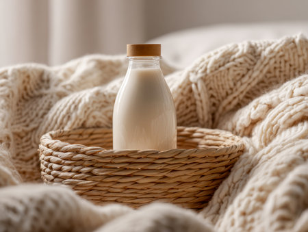 A welcoming scene featuring a natural wicker holder cradling a glass of fresh milk, nestled amidst plush, textured blankets in warm shades for cozy comfort.の写真素材