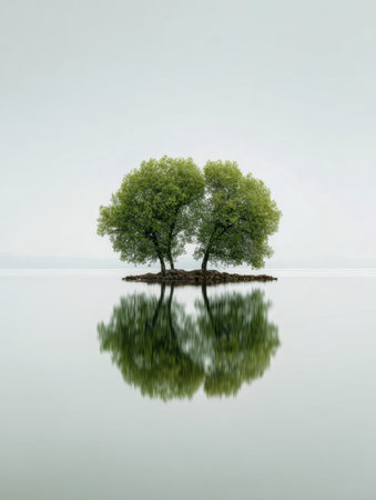 Twin vibrant trees stand on a tiny landmass, their mirrored images gracefully blending with the glassy surface of a foggy lake, evoking calm and solitude.の写真素材