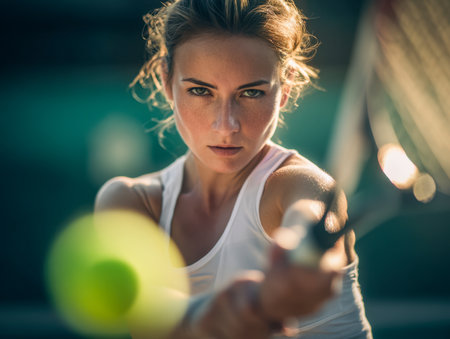 A determined female athlete gears up for a powerful shot on a sunlit court, showcasing athletic prowess and unwavering focus amid bright outdoor conditions.の写真素材