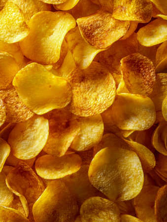 A vivid close-up of perfectly fried potato slices showcases their enticing crunch, with warm yellow and deep brown hues highlighting crispiness and flavor appeal.の写真素材