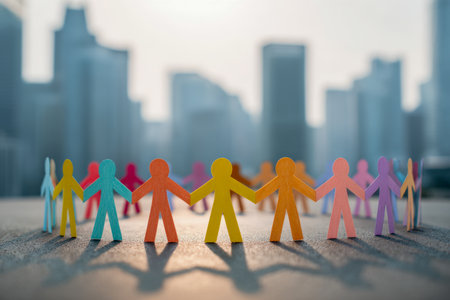 Colorful paper figures linking hands in a circular formation thrive against an urban sunset, casting elongated shadows and conveying harmony and collective strength.の写真素材
