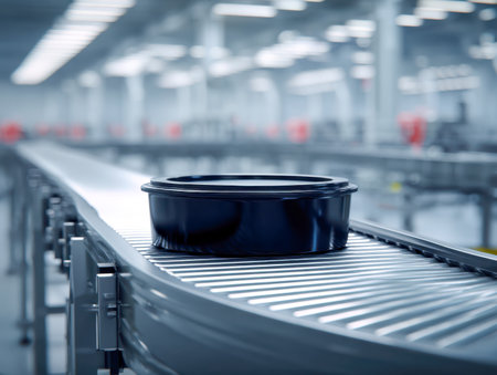 A sleek black plastic unit moves smoothly along a metallic roller system within a cutting-edge food assembly plant, illuminated by bright, efficient industrial lightの写真素材