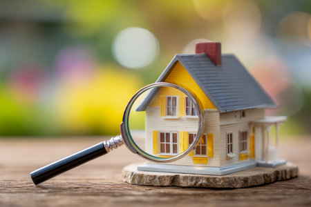 A close-up of a magnifying glass focusing on an intricate miniature house, set against a vibrant, out-of-focus backdrop symbolizing real estate assessment.の写真素材