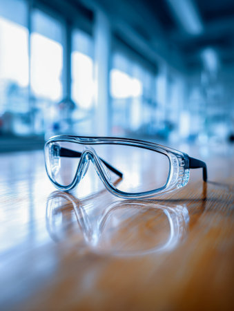 Clear protective eyewear with sleek black arms placed on a shiny wooden table, illuminated by vibrant lab lighting amidst a contemporary setting with softly blurredの写真素材