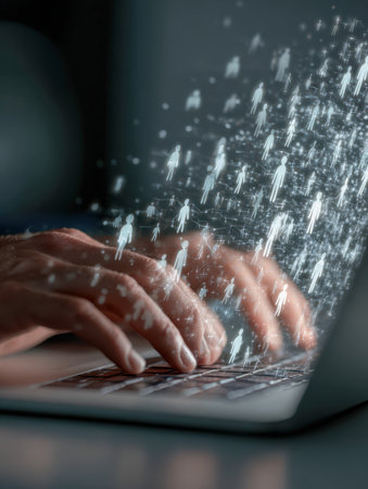 A person's hands swiftly navigate a sleek laptop amid a glow of digital holographic figures symbolizing seamless online links and advanced virtual communication netwの写真素材