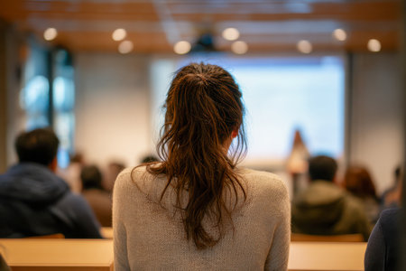 A focused woman with a sleek ponytail listens intently during a professional presentation in a contemporary, glass-enclosed conference space.の写真素材