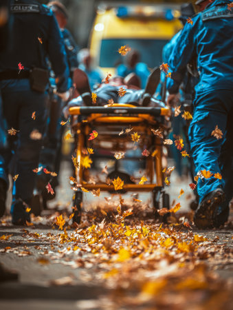 Vigilant responders swiftly transport a casualty along a leaf-strewn avenue, capturing the urgency of autumn's changing season with a softly blurred emergency vehicleの写真素材