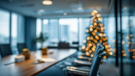 A contemporary office meeting space illuminated by soft holiday glow, featuring a shimmering tree adorned with twinkling lights, creating a warm festive ambiance.の写真素材