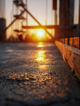 A detailed view of smooth, wet concrete shimmering with golden sunset hues, set against a backdrop of steel frame and scaffolding at a developing construction zoの写真素材