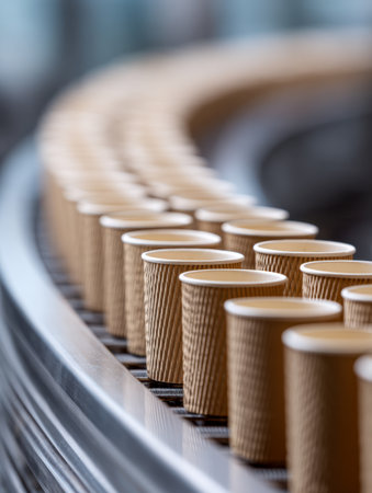 A sleek, eco-friendly array of paper cups curves smoothly along a high-tech conveyor system within a contemporary packaging plant, emphasizing sustainability and preの写真素材
