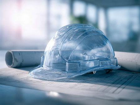 A clear safety helmet rests atop detailed blueprints, surrounded by rolled plans, set in a vibrant, contemporary office space ideal for innovative design discussionsの写真素材