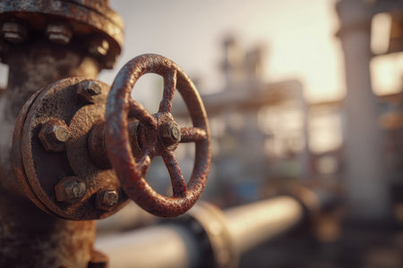 A weathered, corrosion-treated wheel grips a large pipeline, illuminated by warm golden hour light, evoking industry resilience amidst a blurred factory backdrop.の写真素材