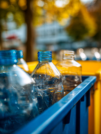 Colorful fallen leaves brighten a serene autumn backdrop as a blue bin filled with discarded bottles emphasizes eco-conscious waste separation and sustainability iniの写真素材