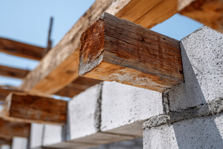 Rustic timber planks rest atop sturdy concrete supports, outlining a raw foundation against a vibrant, cloudless sky, hinting at early-stage outdoor building effortsの写真素材