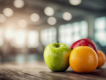A trio of vibrant fruits?a crisp green apple, a juicy orange, and a sweet red apple?rests on rustic wood, illuminated by gentle, warm indoor light and cozy round fixの写真素材