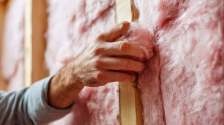 A worker places soft pink insulation between wooden framing beams, preparing a building for improved thermal performance and energy savings.の写真素材