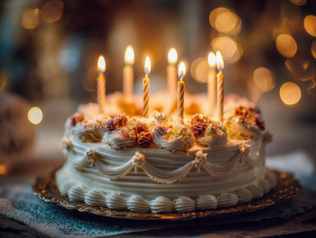 A stunning dessert features delicate icing blossoms and six glowing candles atop a ornate plate, set amidst cozy, glowing lights perfect for joyful festivities.の写真素材