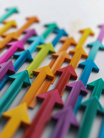 Vibrant arrows soar upward in a lively pattern, embodying collective effort and forward momentum to inspire achievement, development, and shared success.の写真素材