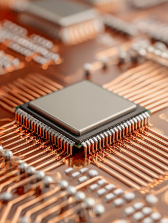 A close-up of a CPU embedded in a copper-colored circuit substrate, revealing complex pathways and...