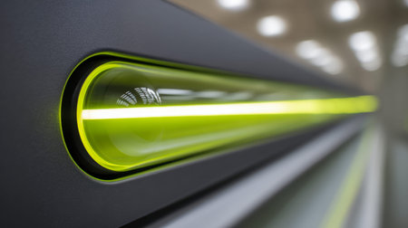 A luminous yellow neon tube casts a vibrant glow against a polished dark surface, with soft ceiling...