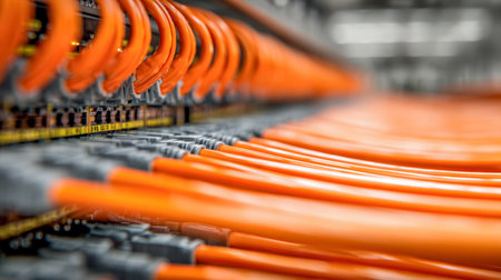 A sleek, contemporary data facility showcasing a server array with neatly arranged vibrant orange data cables linked to high-capacity switches, emphasizing efficiencの写真素材