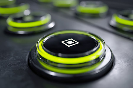 Sleek black control pads with glowing neon green accents glow against a dark backdrop, embodying cutting-edge technology and minimalist interface design.の写真素材