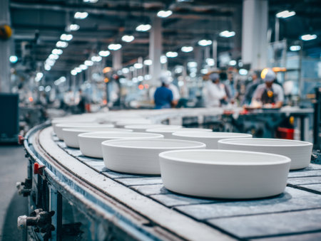 Glazed ceramic vessels glide smoothly along a busy factory line, illuminated by strong lighting, with staff and machinery visible in the bustling workspace.の写真素材