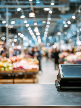 A vacant checkout station amid bustling shoppers, with vivid fruit and vegetable displays glowing under luminous ceiling fixtures, capturing lively market energy.の写真素材