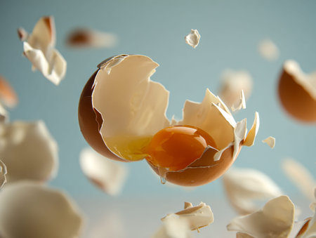 Cracked eggshell fragments and vibrant yolks hover dynamically against a gentle blue backdrop,...