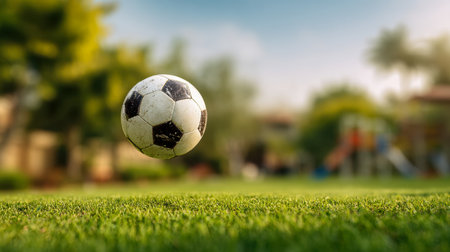 A timeless monochrome soccer sphere hovers above lush grass, with a sunny sky casting bright light and a soft-focus backdrop of trees and play area.の写真素材