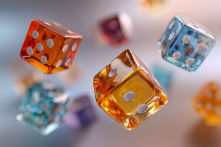 Vibrant translucent dice float against a gentle blurred backdrop, illuminating the excitement of...