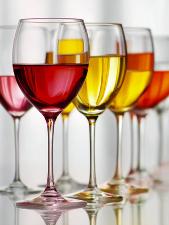 A refined lineup of clear glassware holding bold, colorful beverages, shimmering under bright lighting and creating striking reflections on a sleek, polished surfaceの写真素材