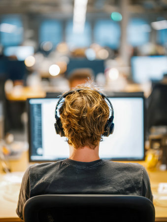 A focused young worker immersed in digital tasks, headphones over ears, amidst a vibrant office setting with soft glow and dynamic blur.の写真素材