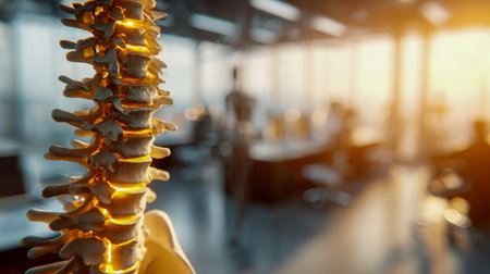 A detailed spine replica bathed in gentle amber glow, set against a sleek workspace backdrop?evoking themes of wellness, learning, and medical expertise.の写真素材