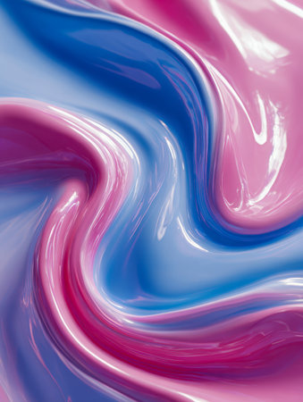 Vibrant swirling waves of glossy pink and blue flow seamlessly, forming sleek curves and reflective surfaces perfect for contemporary digital design.の写真素材