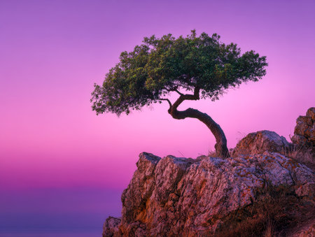 A lone tree stands defiantly atop a jagged cliff, silhouetted against a stunning twilight sky painted in vivid pinks and deep purples, evoking strength and serenity.の写真素材