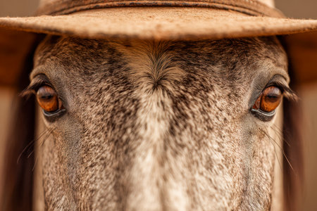 A captivating view of a horse's soulful eyes, highlighting the intricate fur textures and rich brown tones under gentle sunlight.の写真素材