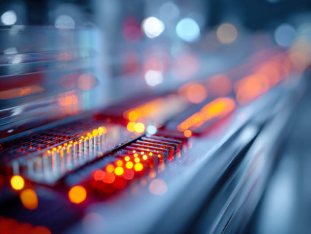 A vibrant electronic layout featuring fiery orange LEDs amid intricate pathways, highlighting...