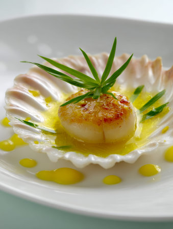 A perfectly caramelized scallop topped with vibrant herbs and glossy olive oil, artfully nestled in...