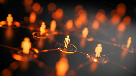 Vibrant orange lights weave a digital web among blurred human silhouettes, illustrating dynamic connections and seamless online communication in a deep, immersive seの写真素材