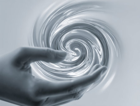 A human hand caresses a luminous, spiraling vortex of energy, blending advanced innovation with mystic allure in a simple, seamless environment.の写真素材