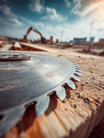 A sharp steel disc lies on rough timber, set against a bustling construction zone under a crisp azure sky, hinting at industry and craftsmanship in progress.の写真素材