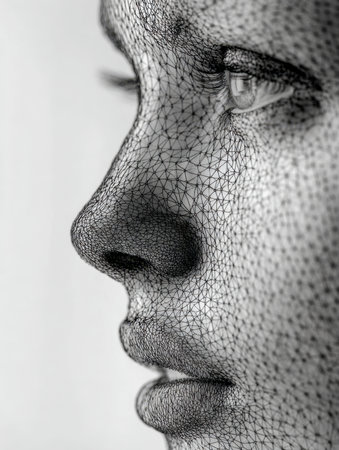 A side profile of a human visage, enhanced by a complex black wireframe network, blending artistic expression with futuristic technology against a gentle backdrop.の写真素材