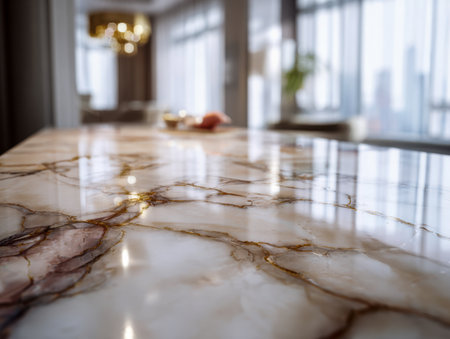 A sleek, mirror-like marble surface captures soft daylight flowing through expansive windows, enhancing the sophistication of a contemporary, upscale kitchen or diniの写真素材