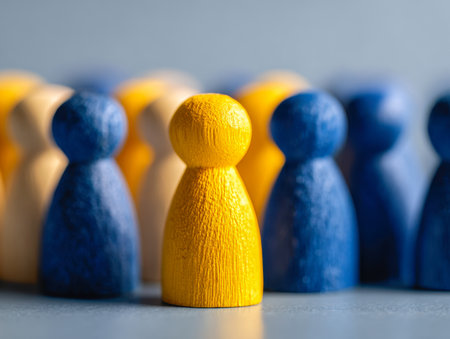 A vibrant yellow token draws focus amid a soft blur of blue and neutral-toned silhouettes, illustrating distinctiveness and commanding presence within a collective.の写真素材